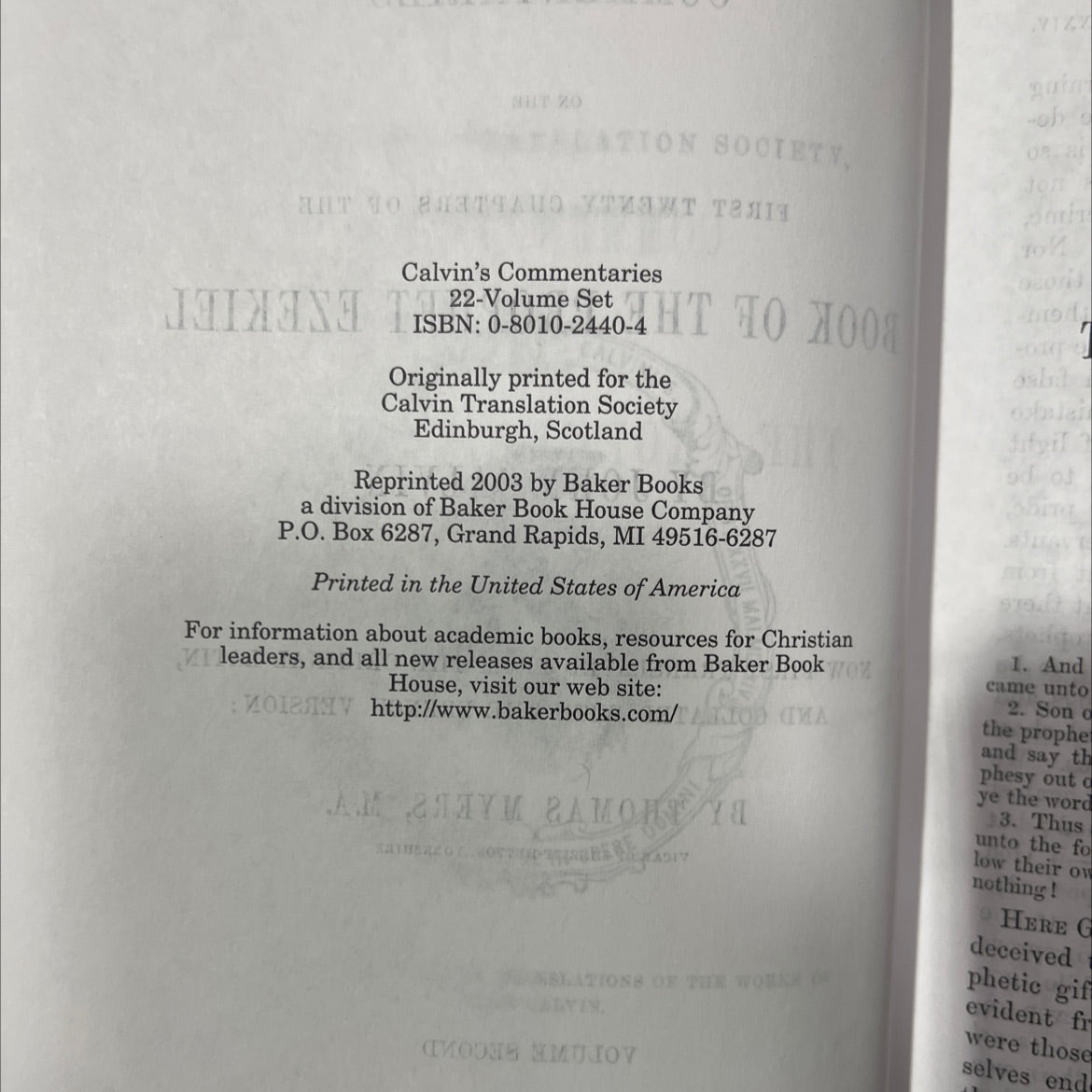 commentaries on the first twenty chapters of the book of the prophet ezekiel book, by john calvin, 2003 Hardcover